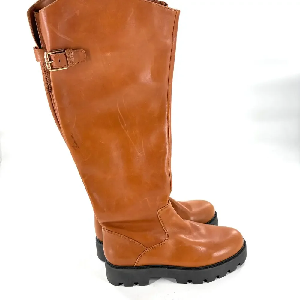 Franco Sarto Balinboot Tall Boots 7.5 NWOT Knee High Cognac Brown Leather Lug